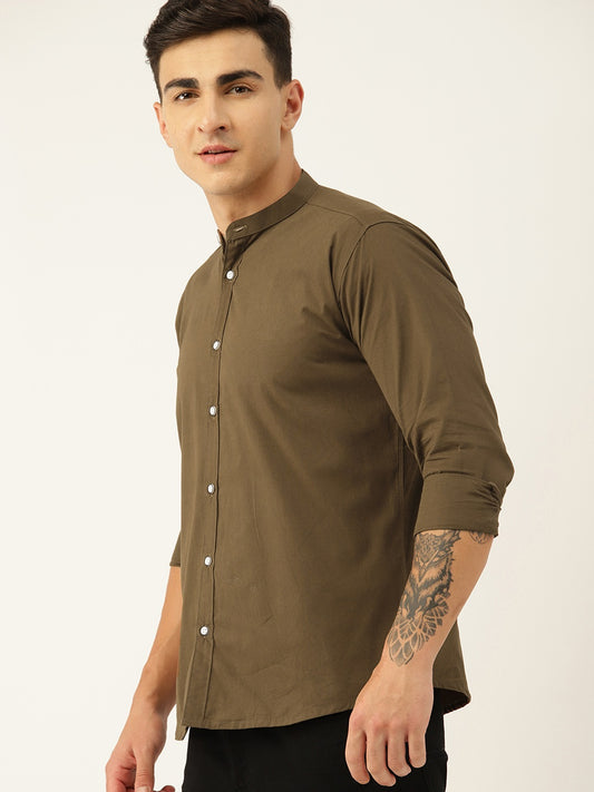 Luxrio Men's Solid Slim Fit Mandarin Collared Casual Shirt Beige