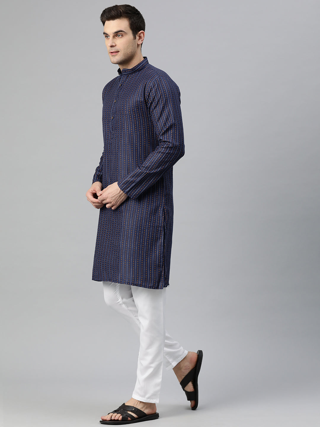 Luxrio Kurta for men Cotton Blend Long Printed Straight Fit Blue