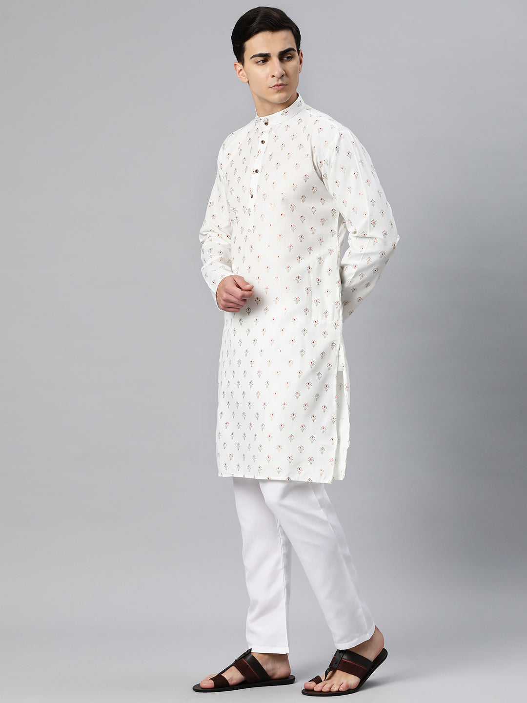 Luxrio Kurta for men Cotton Blend Long Printed Straight Fit White