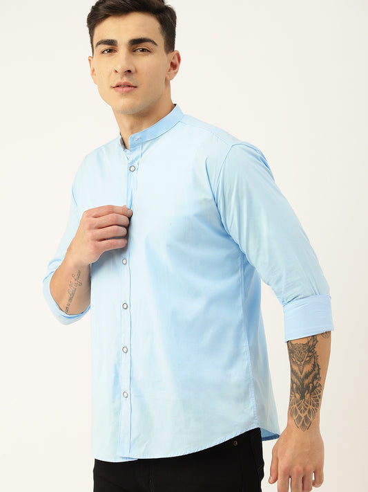 Luxrio Men's Solid Slim Fit Mandarin Collared Casual Shirt Blue