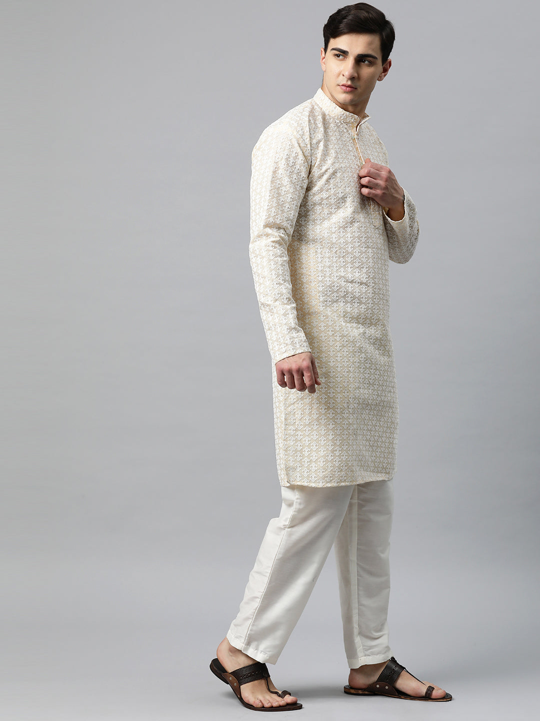 Luxrio Kurta for men Cotton Blend Long Printed Straight Fit White