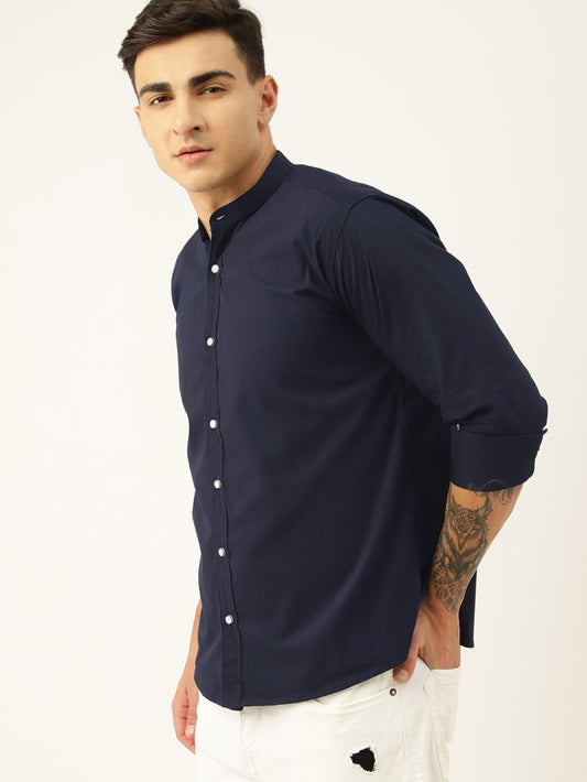 Luxrio Men's Solid Slim Fit Mandarin Collared Casual Shirt Navy Blue