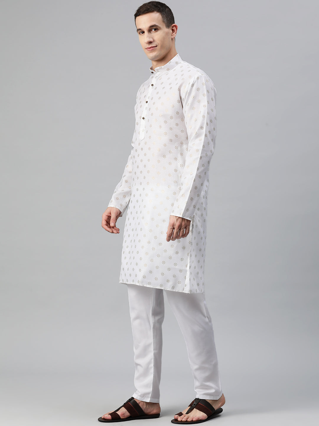 Luxrio Kurta for men Cotton Blend Long Printed Straight Fit  White