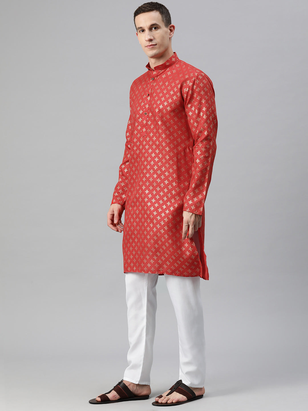 Luxrio Kurta for men Cotton Blend Long Printed Straight Fit Red