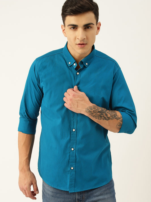 Luxrio Men's Solid Slim Fit Full Sleeves Casual Shirt Blue