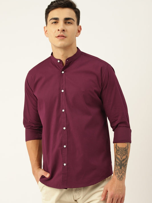 Luxrio Men's Solid Slim Fit Mandarin Collared Casual Shirt Maroon