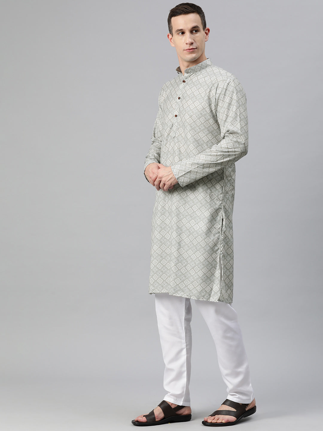 Luxrio Kurta for men Cotton Blend Long Printed Straight Fit White