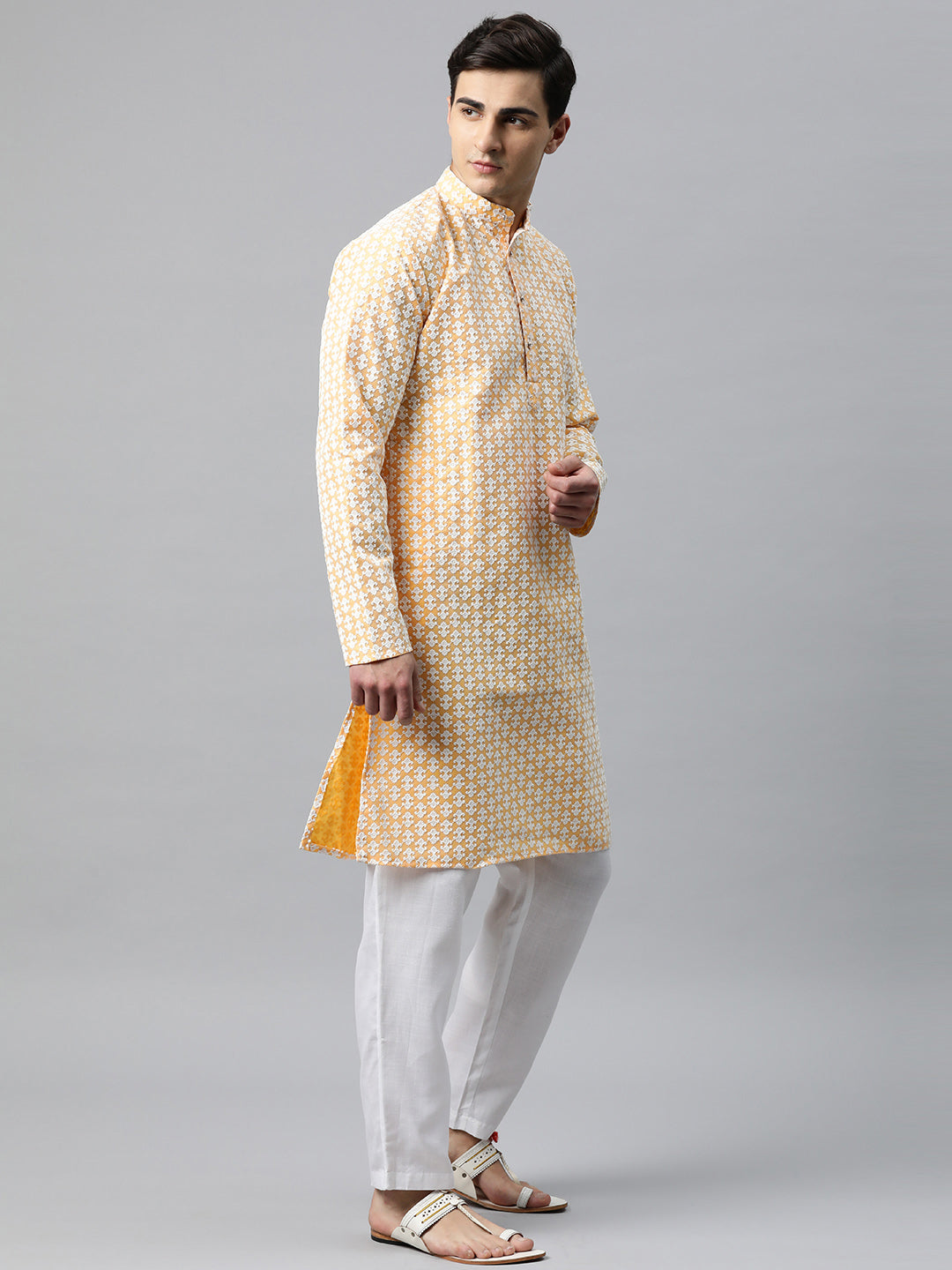 Luxrio Kurta for men Cotton Blend Long Printed Straight Fit Yellow