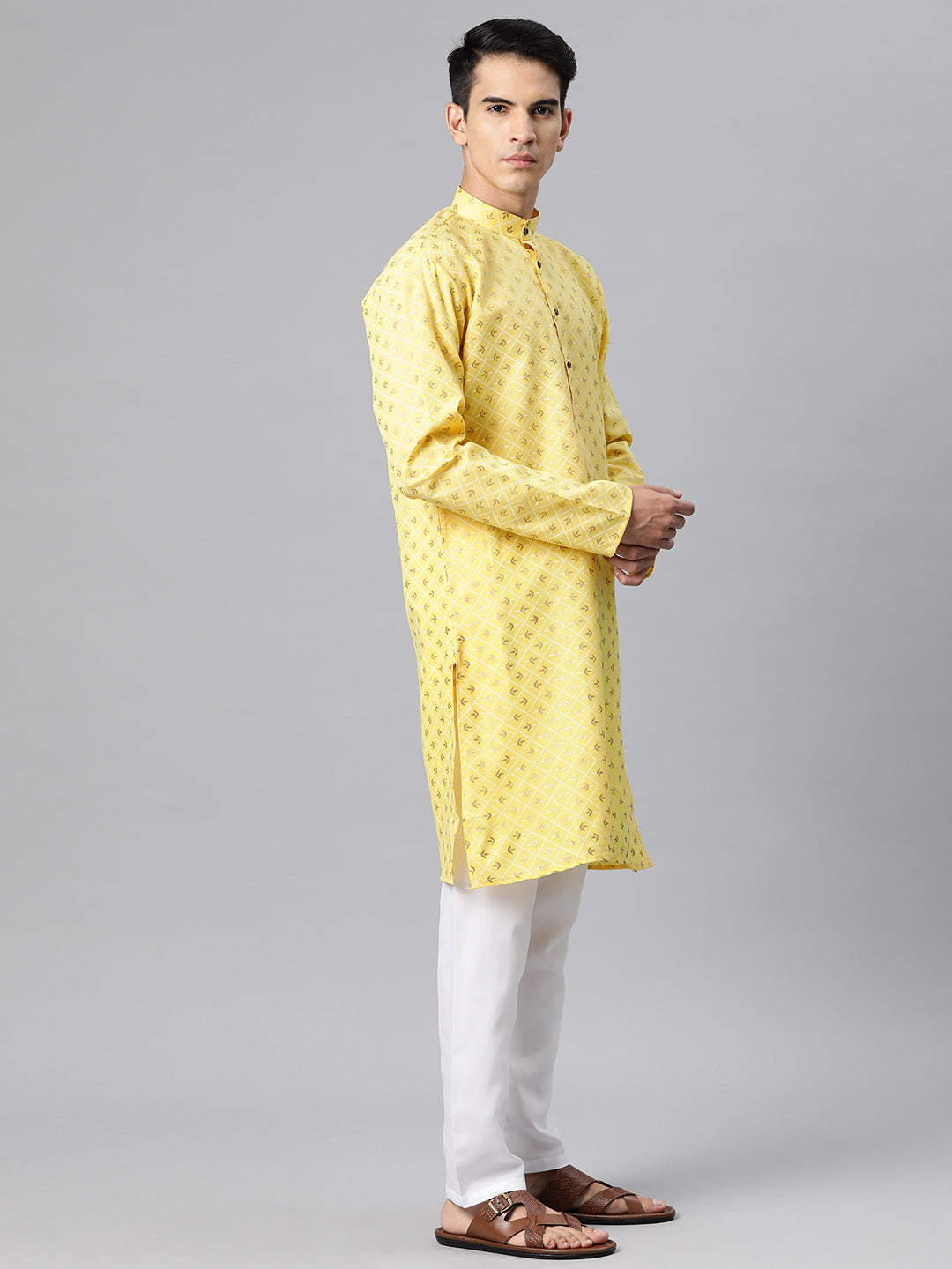 Luxrio Kurta for men Cotton Blend Long Printed Straight Fit Yellow