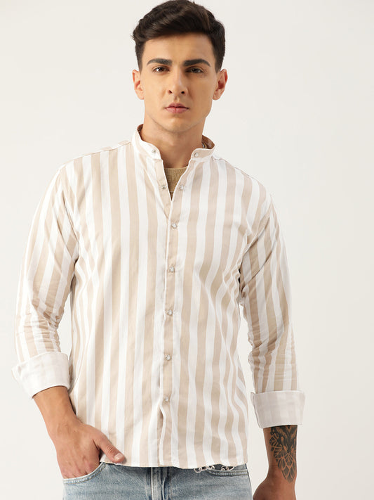 Luxrio Men's Stripped Mandarin Collared Full Sleeves Casual Shirt Beige