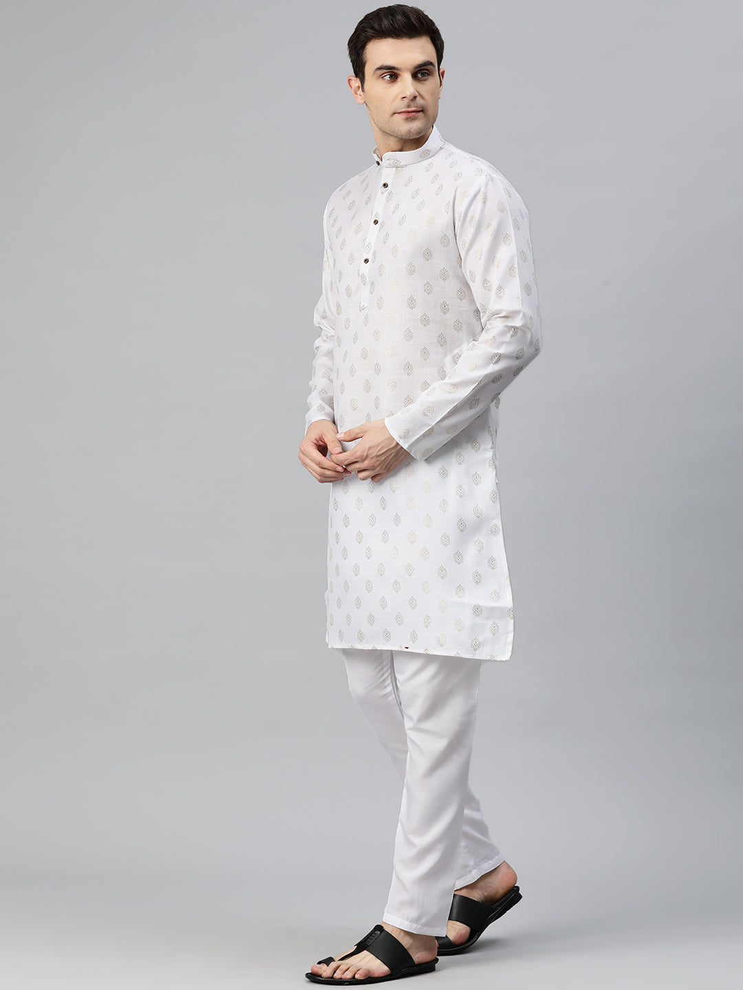 Luxrio Kurta for men Cotton Blend Long Printed Straight Fit White