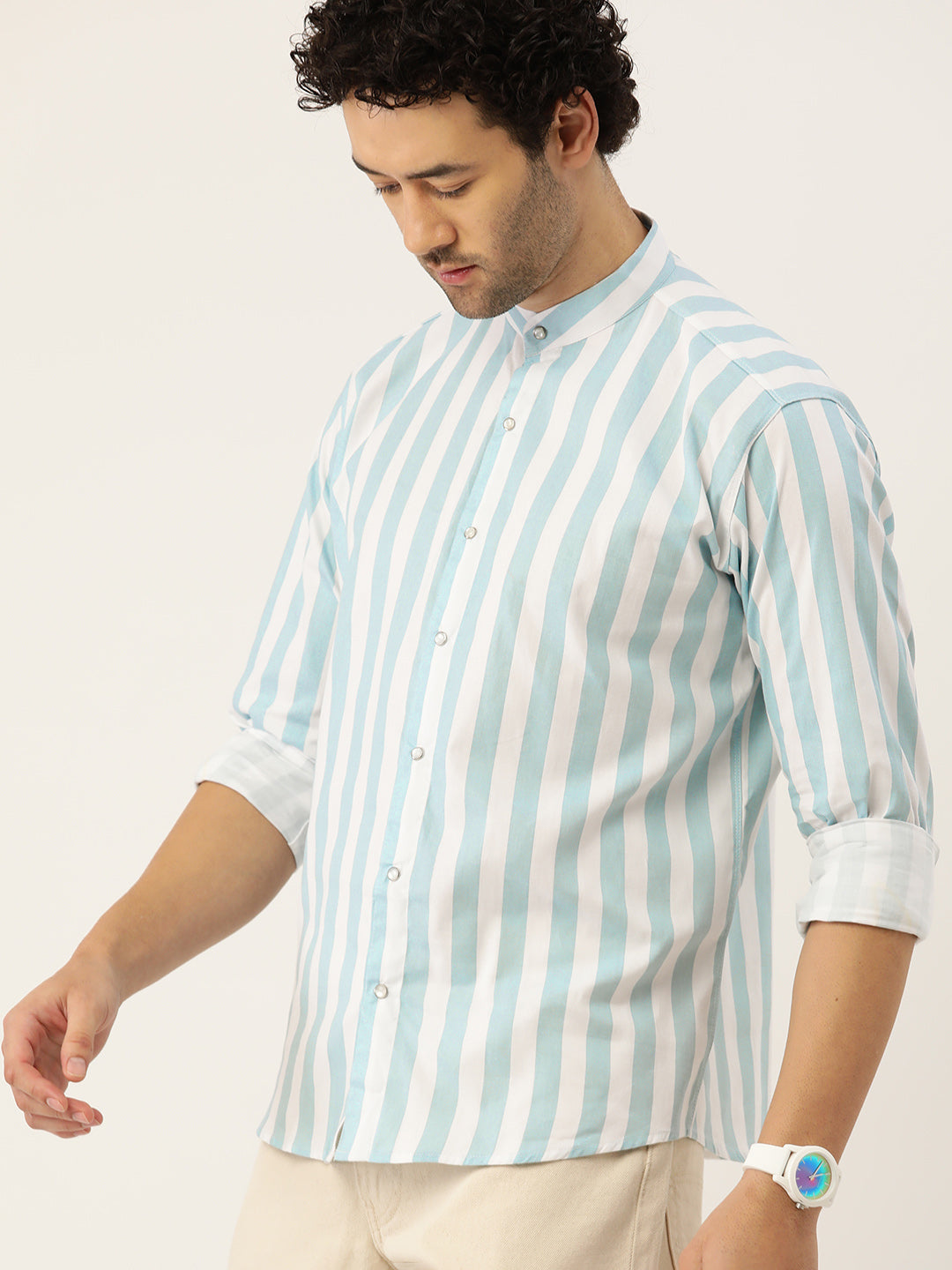 Luxrio Men's Stripped Mandarin Collared Full Sleeves Casual Shirt Blue