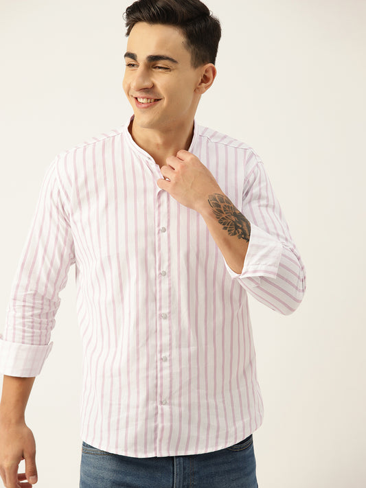 Luxrio Men's Stripped Mandarin Collared Full Sleeves Casual Shirt Pink