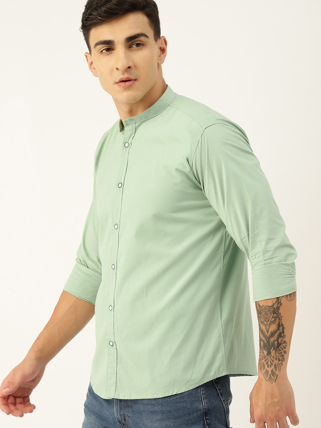 Luxrio Men's Solid Slim Fit Mandarin Collared Casual Shirt Green