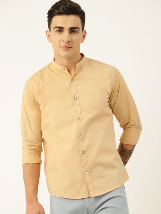 Luxrio Men's Solid Slim Fit Mandarin Collared Casual Shirt Yellow