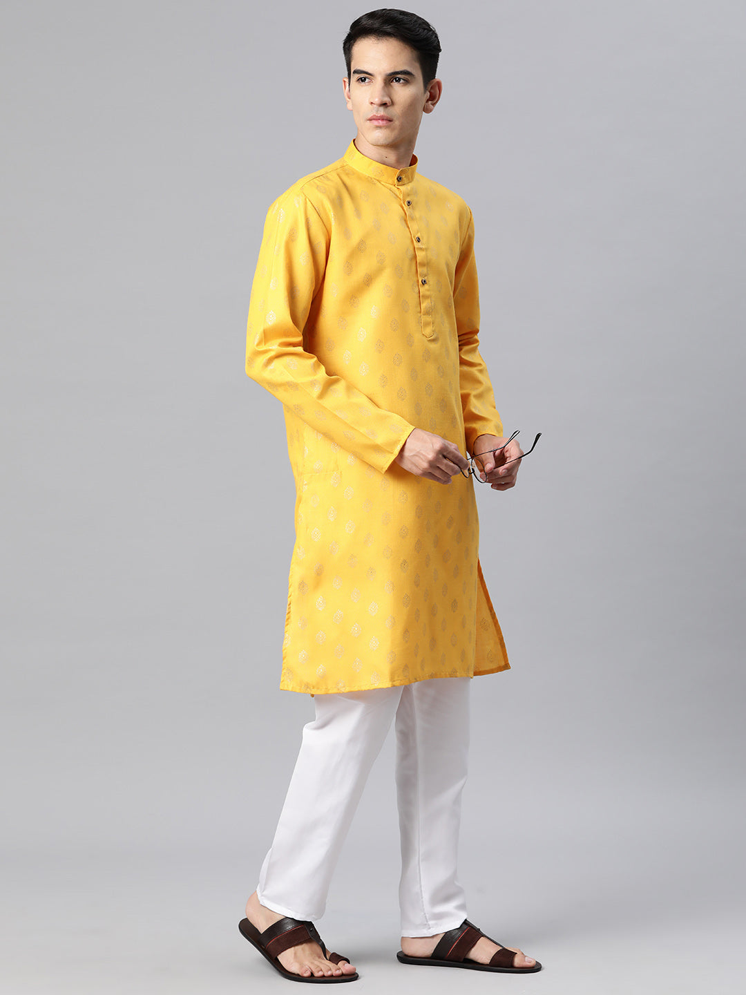 Luxrio Kurta for men Cotton Blend Long Printed Straight Fit Yellow