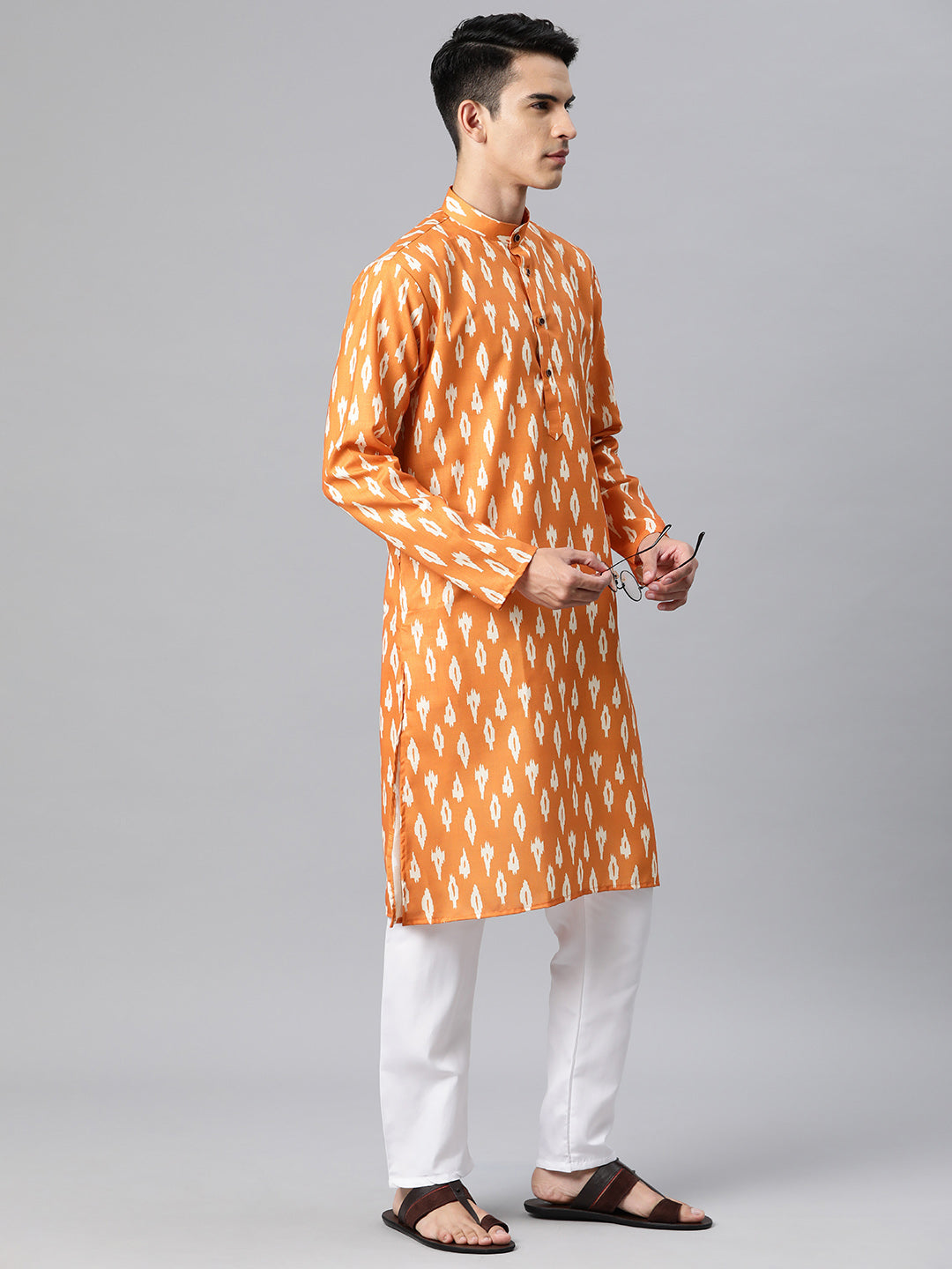 Luxrio Kurta for men Cotton Blend Long Printed Straight Fit Orange