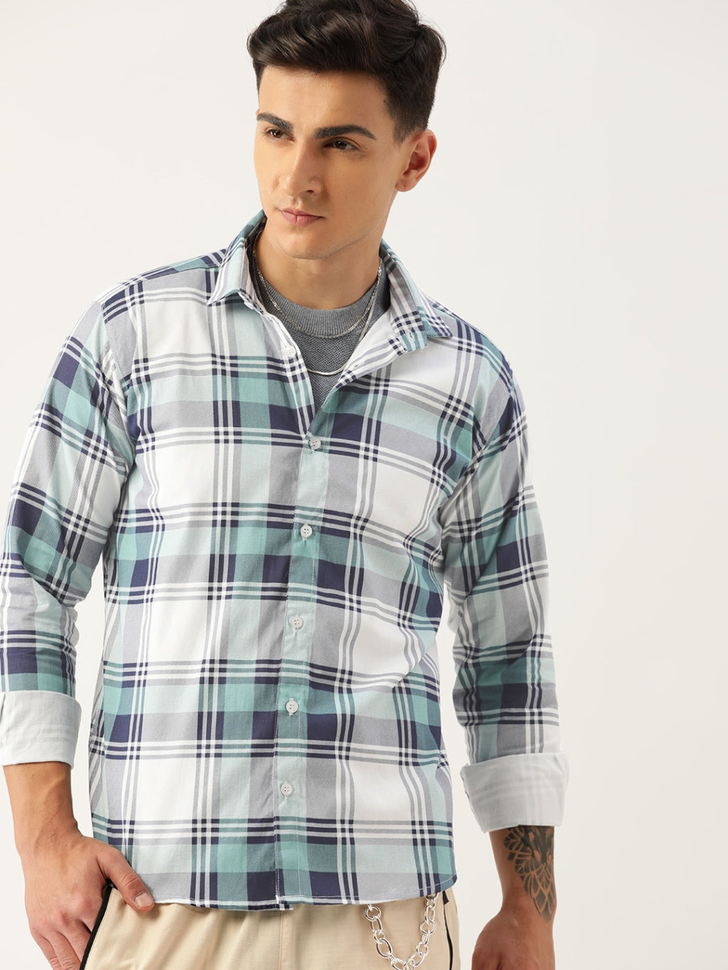 Luxrio Men's Checkered Full Sleeves Casual Shirt Green