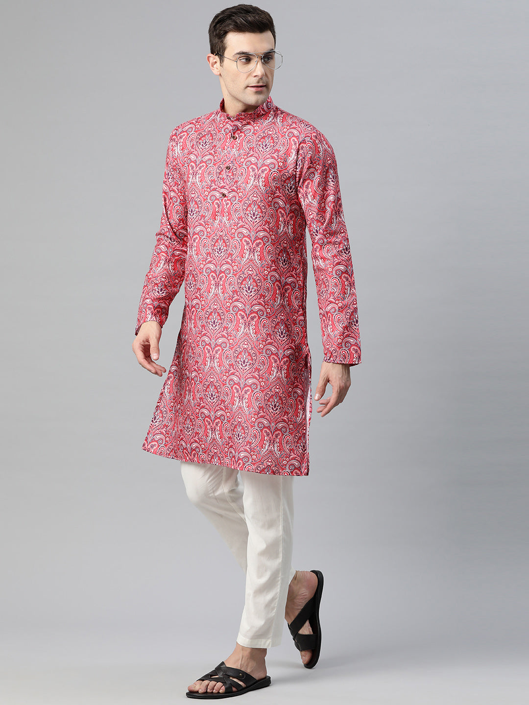 Luxrio Kurta for men Cotton Blend Long Printed Straight Fit Pink