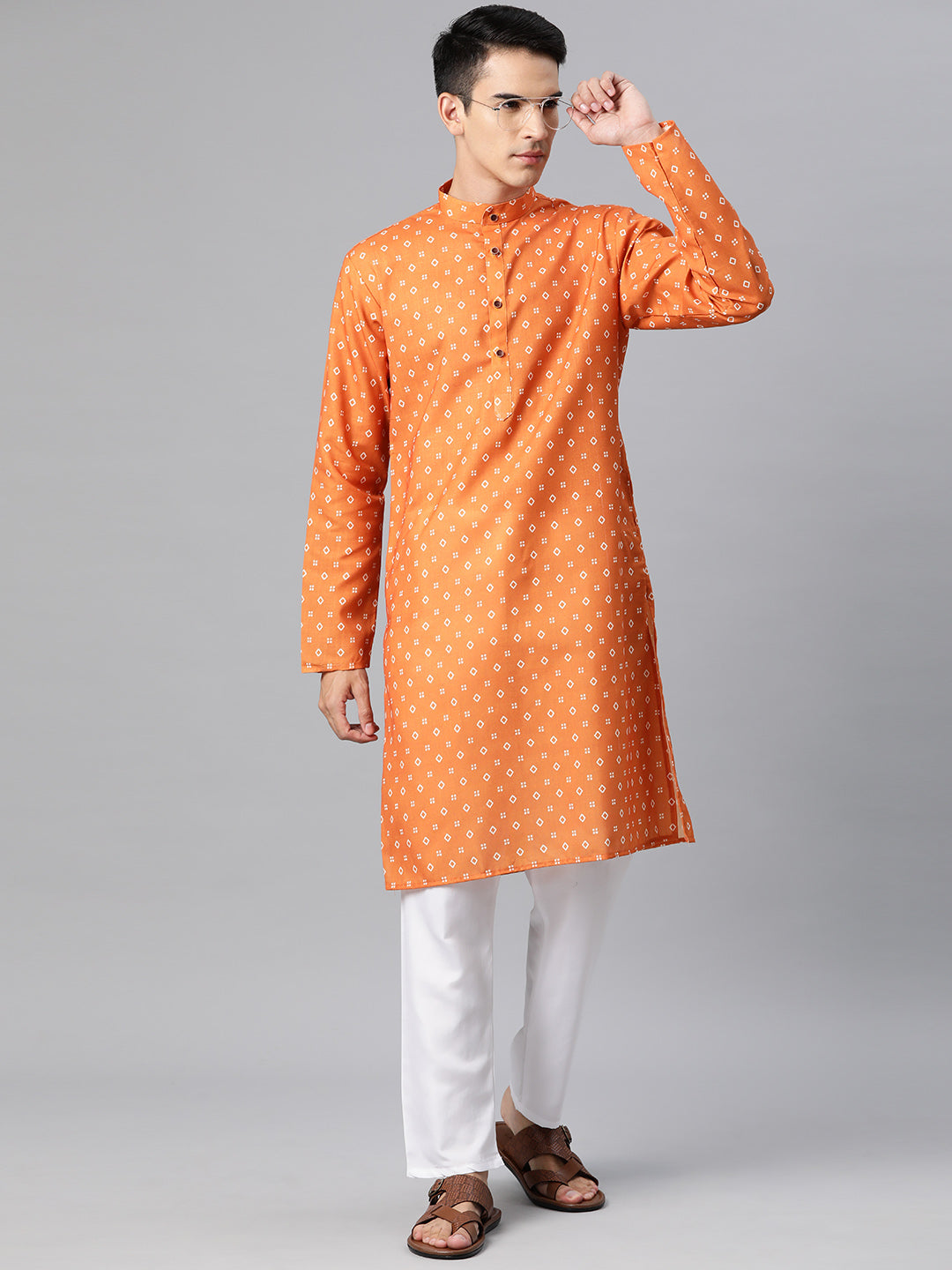 Luxrio Kurta for men Cotton Blend Long Printed Straight Fit Orange