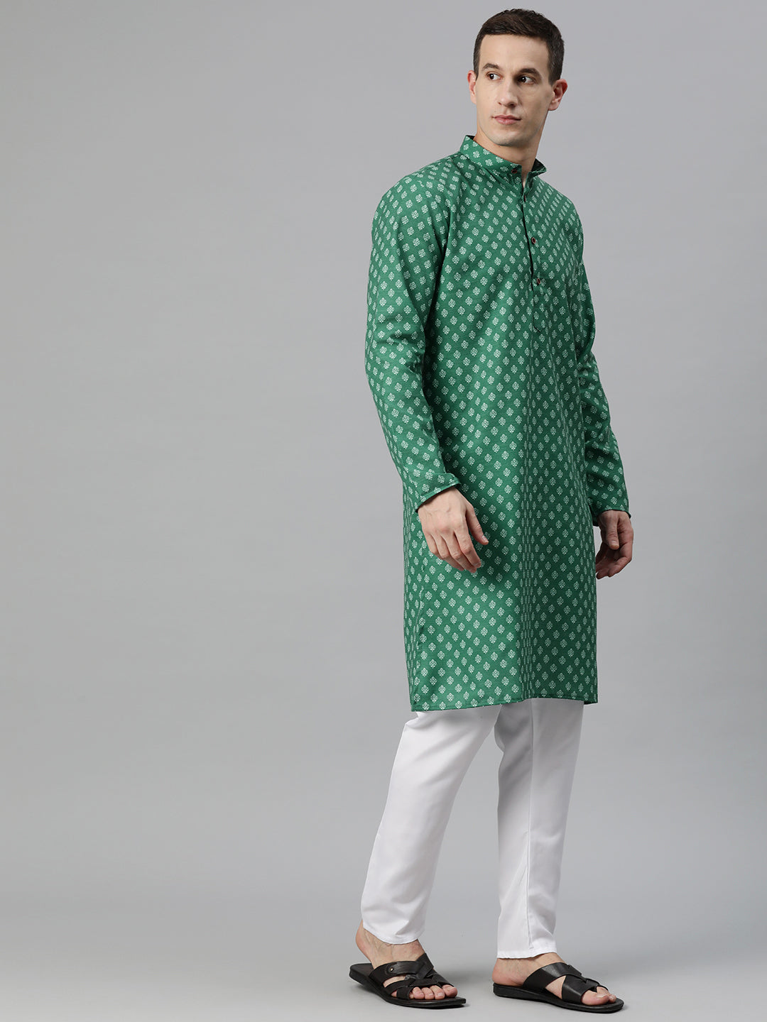 Luxrio Kurta for men Cotton Blend Long Printed Straight Fit Green