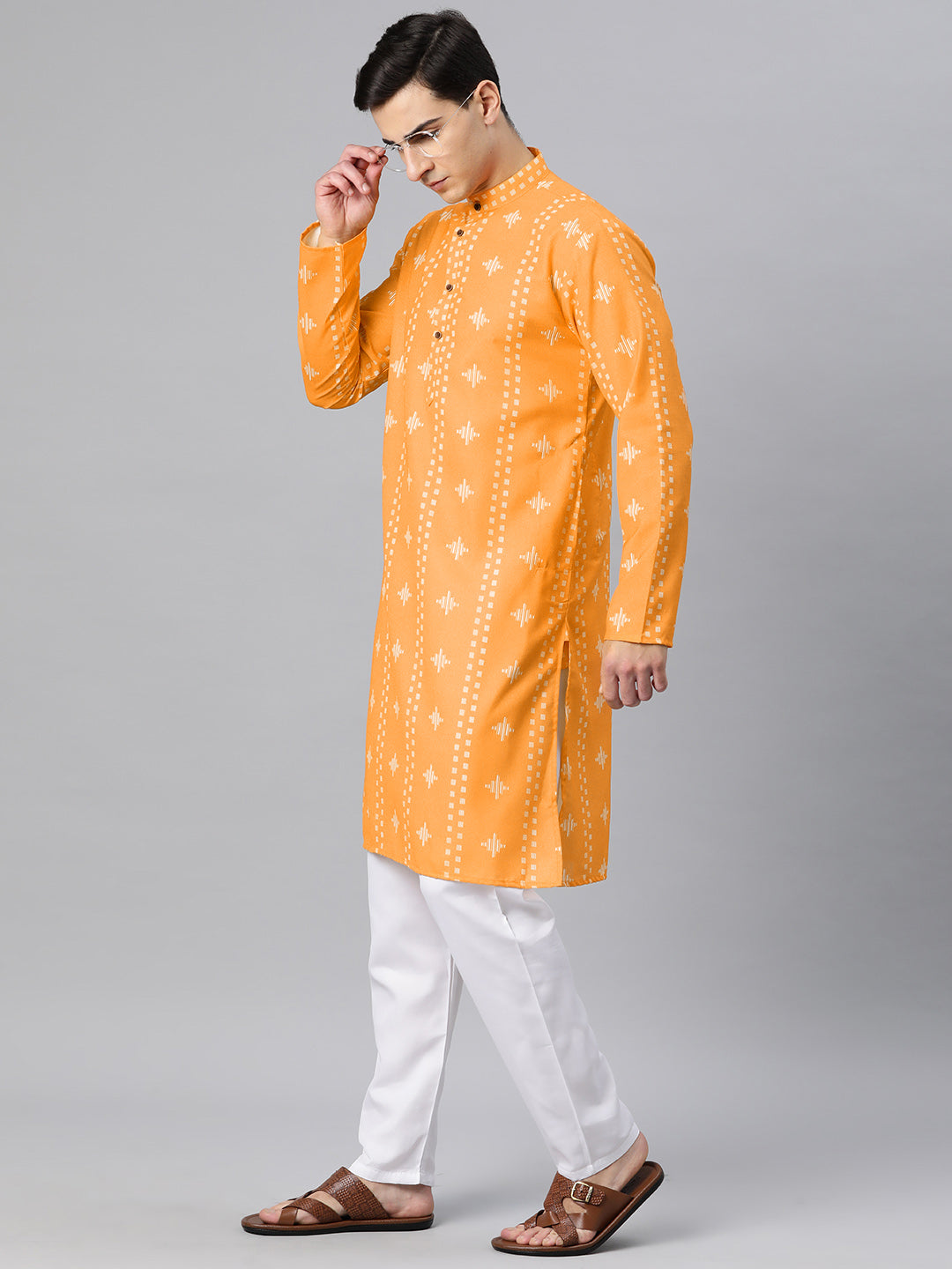 Luxrio Kurta for men Cotton Blend Long Printed Straight Fit Orange