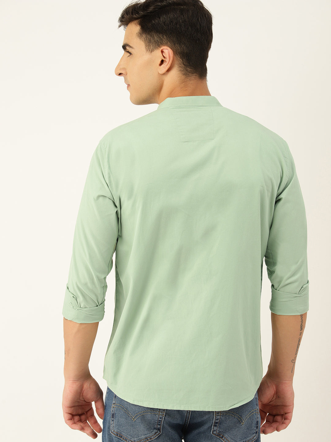 Luxrio Men's Solid Slim Fit Mandarin Collared Casual Shirt Green
