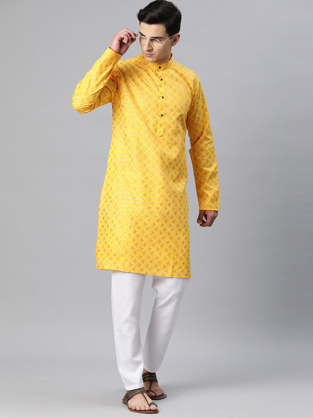 Luxrio Kurta for men Cotton Blend Long Printed Straight Fit  Yellow