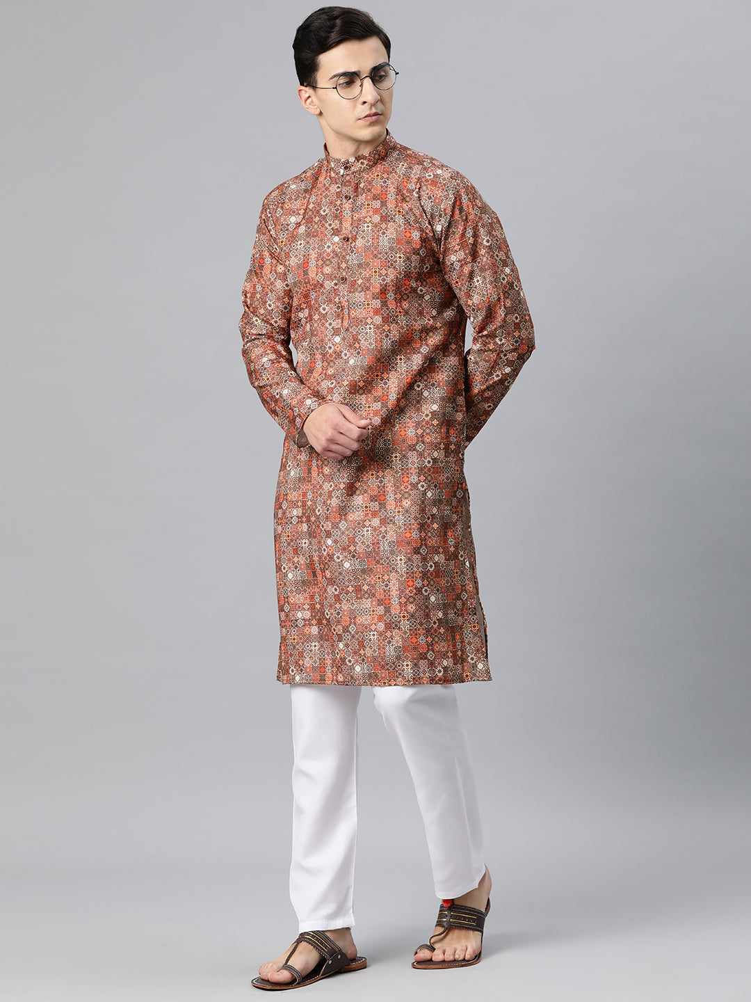 Luxrio Kurta for men Cotton Blend Long Printed Straight Fit White