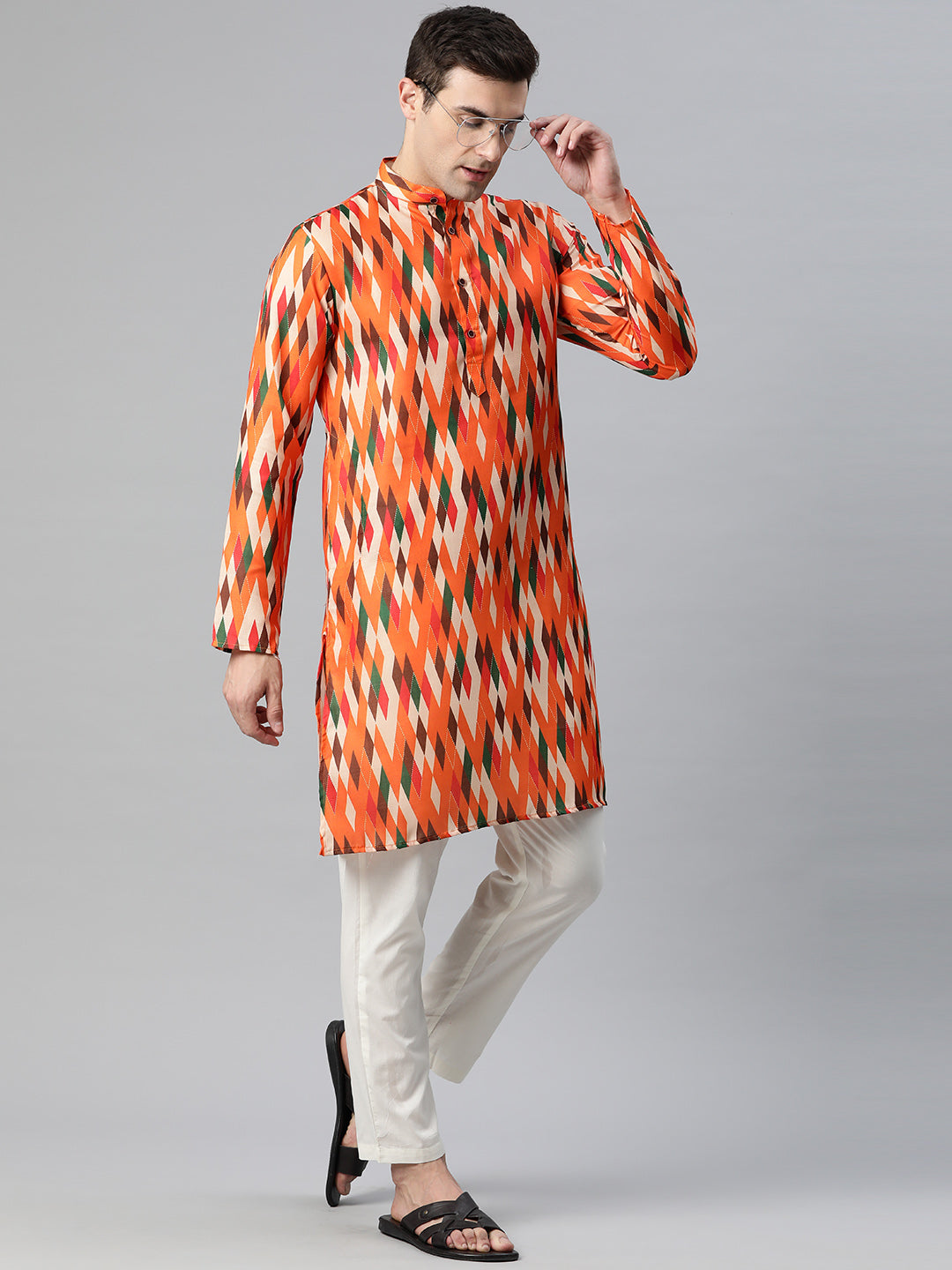 Luxrio Kurta for men Cotton Blend Long Printed Straight Fit orange