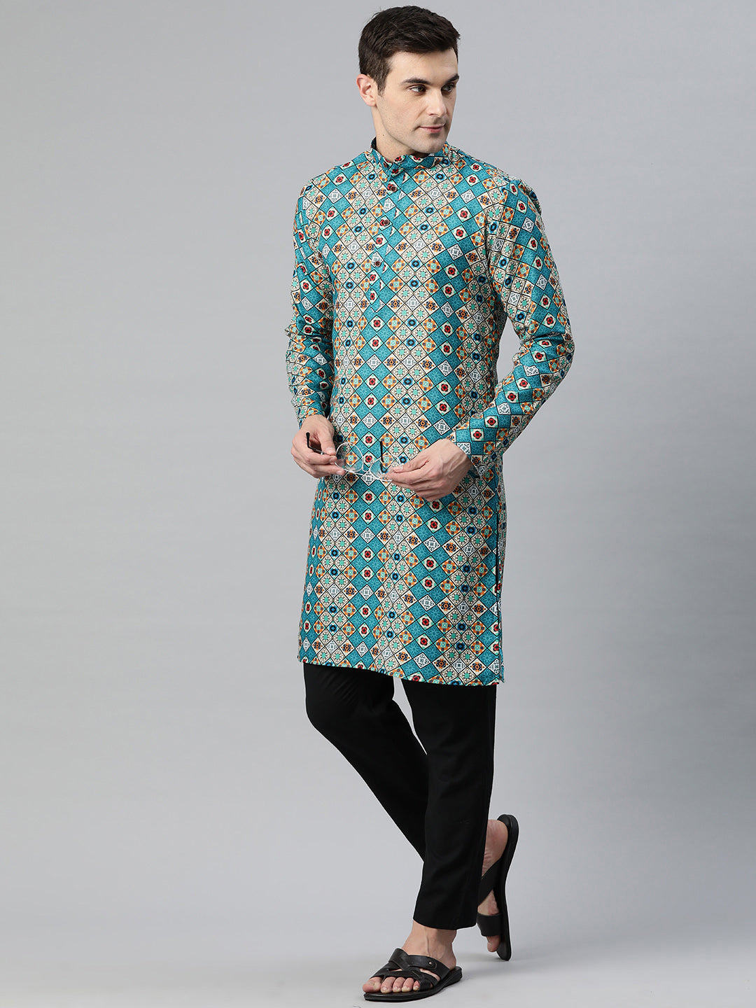 Luxrio Kurta for men Cotton Blend Long Printed Straight Fit Blue