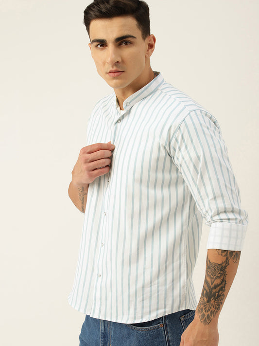 Luxrio Men's Stripped Mandarin Collared Full Sleeves Casual Shirt Blue