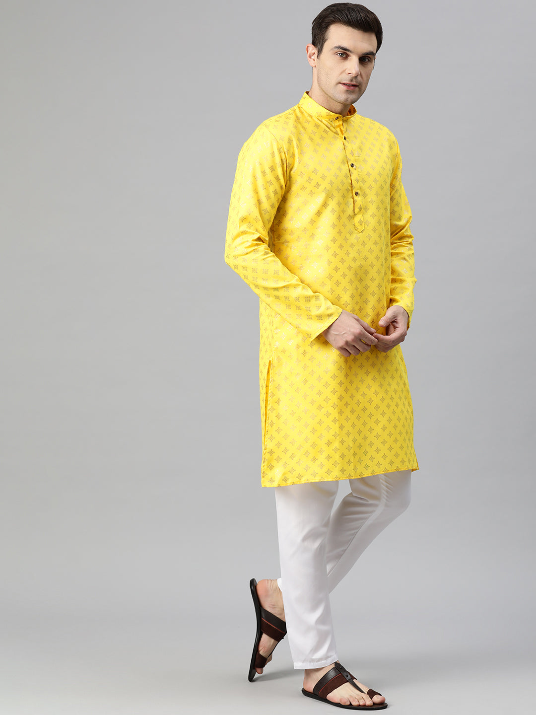 Luxrio Kurta for men Cotton Blend Long Printed Straight Fit Yellow