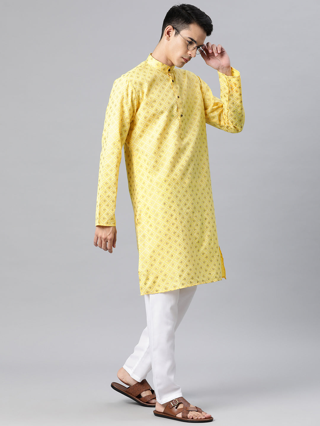 Luxrio Kurta for men Cotton Blend Long Printed Straight Fit Yellow