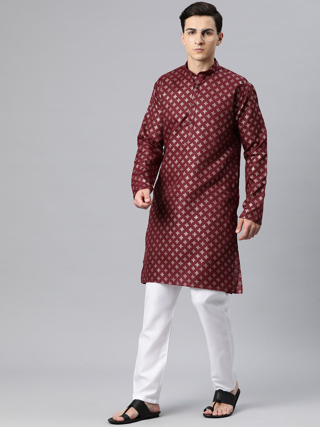 Luxrio Kurta for men Cotton Blend Long Printed Straight Fit Maroon