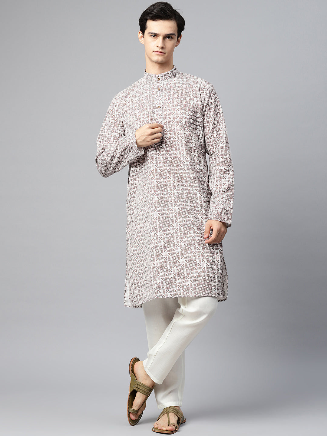 Luxrio Kurta for men Cotton Blend Long Printed Straight Fit White