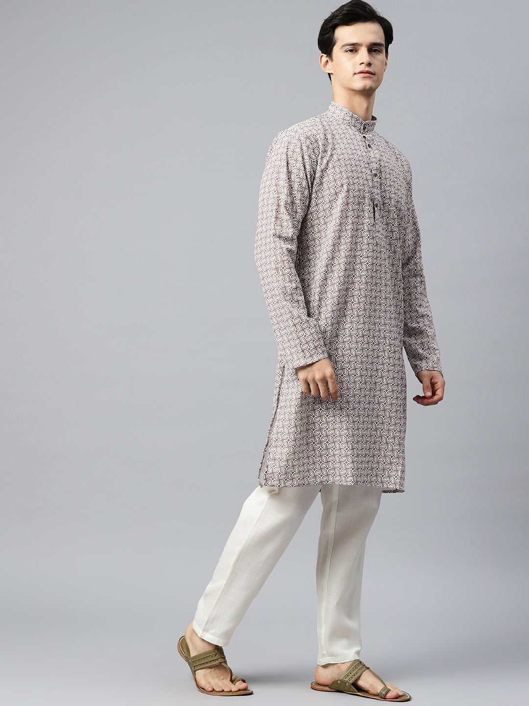 Luxrio Kurta for men Cotton Blend Long Printed Straight Fit White