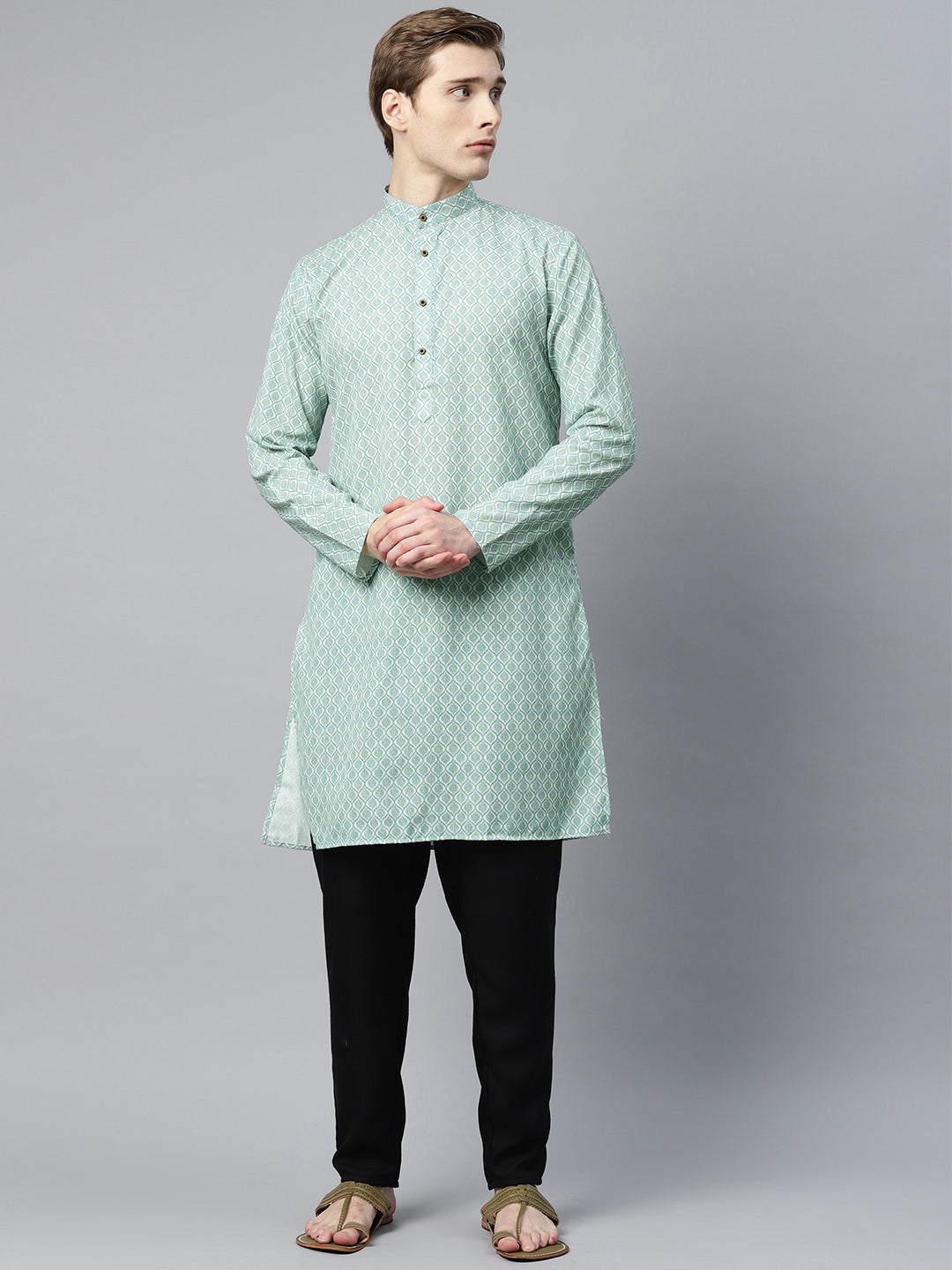 Luxrio Kurta for men Cotton Blend Long Printed Straight Fit Green