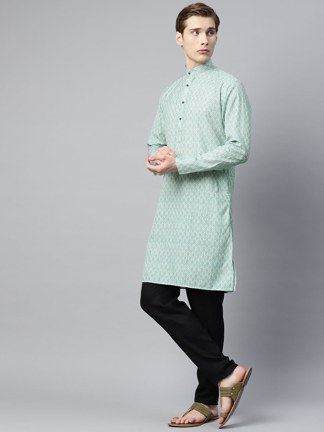 Luxrio Kurta for men Cotton Blend Long Printed Straight Fit Green