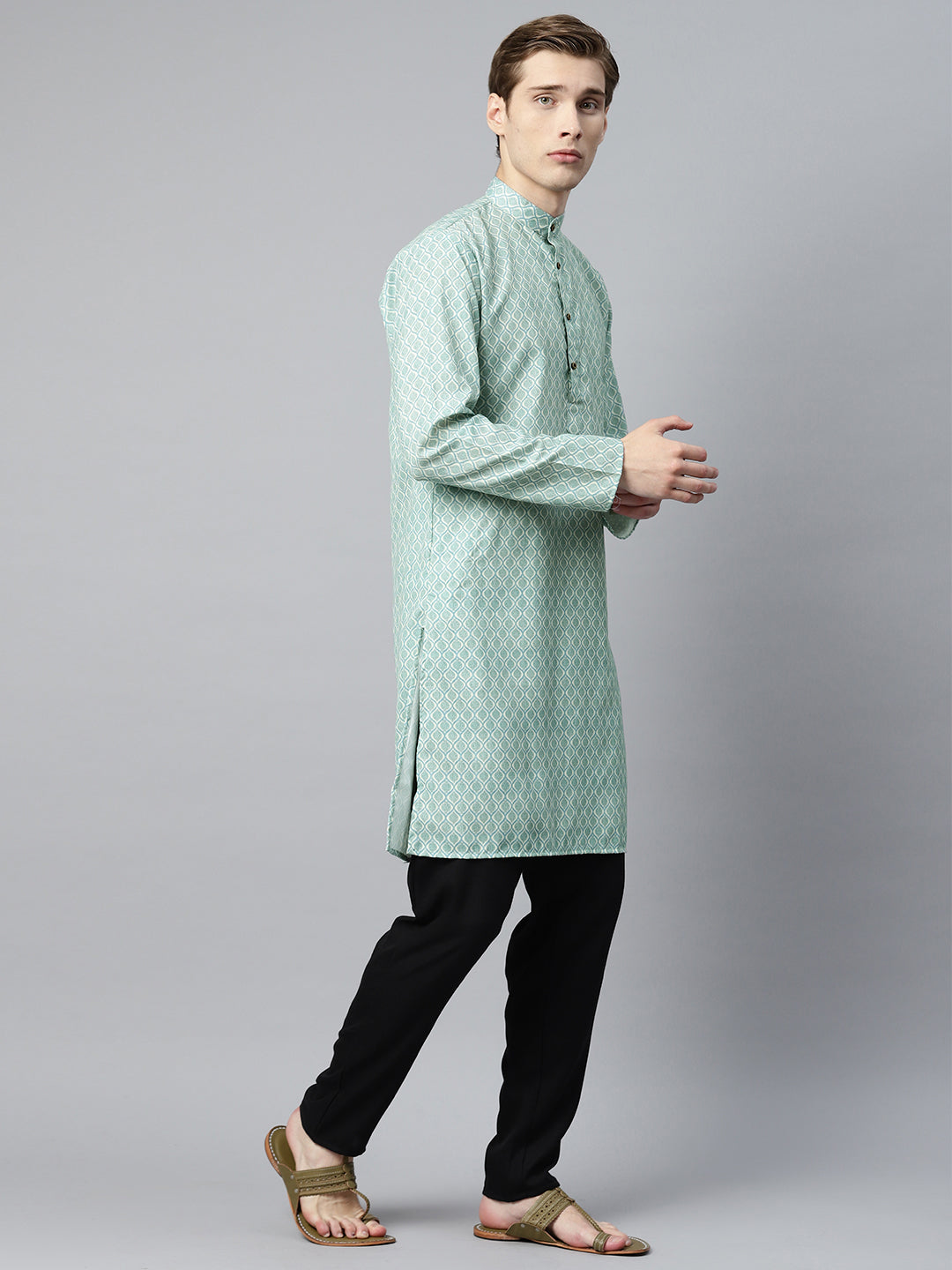 Luxrio Kurta for men Cotton Blend Long Printed Straight Fit Green