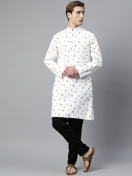 Luxrio Kurta for men Cotton Blend Long Printed Straight Fit White