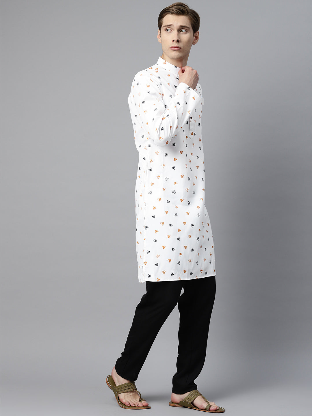 Luxrio Kurta for men Cotton Blend Long Printed Straight Fit White